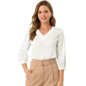 INSPIRE CHIC Women's V Neck 3/4 Sleeve Casual Office Work Satin Blouses - 1 of 4