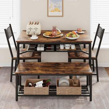 Dining Table Set for 4, Kitchen Table with 2 Chairs and Bench, 4-Person Rectangular Dining Room Table with Wine Rack for Small Space, Apartment, Home