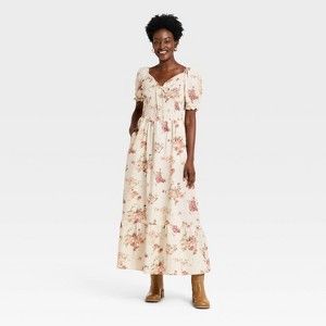 Women's Western Puff Short Sleeve Smocked Midi A-Line Dress