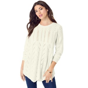 Roaman's Women's Plus Size Scallop Hem Pointelle Sweater - 1 of 4