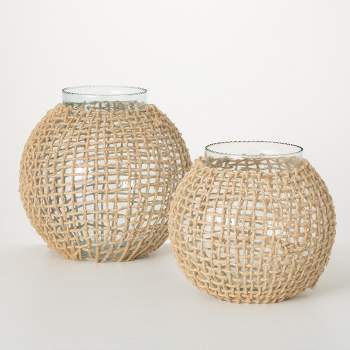 9.25"H Sullivans Woven Rattan And Glass Vases Set of 2, Natural