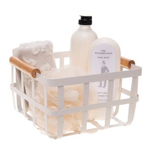 Square Metal Basket with Bamboo Handles White - Simplify - 1 of 2