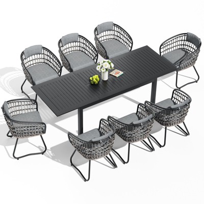 Crestlive Products 9pc Patio Expandable Dining Set Aluminum Outdoor Rectangular Table for 6 to 8 with chairs