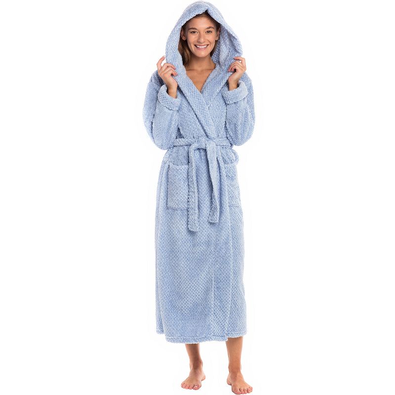Women's Fuzzy Plush Fleece Bathrobe with Hood, Soft Warm Hooded Lounge Robe, 1 of 7