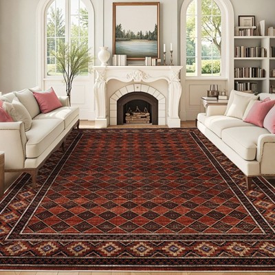 Washable Bordered Geometric Rug Non Slip Low Pile Rug Soft Contemporary Floor Cover Foldable Indoor Carpet for Living Room Bedroom Playroom Nursery