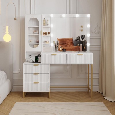 Vanity Benches, Modern Makeup Vanity Desk with Adjustable Mirror, Built in Charging Station