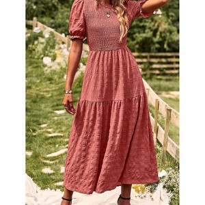 Womens Summer Puff Short Sleeve Maxi Dress Square Neck Smocked Tiered Ruffle A Line Long Flowy Beach Dresses - 1 of 4