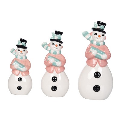 Transpac Dolomite Pastel Vintage Snowman Set of 3 Decorative Objects Snowman Figurines Ceramic Christmas Multicolor Tabletop Decor Indoor Use  Spot or