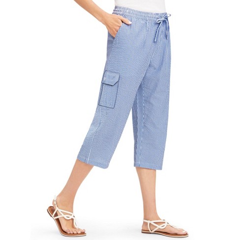 Collections Etc Striped Seersucker Drawstring Cargo Pocket Capri Pants Medium Blue