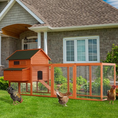 Large Orange Wooden Chicken Coop with Nesting Box and Run