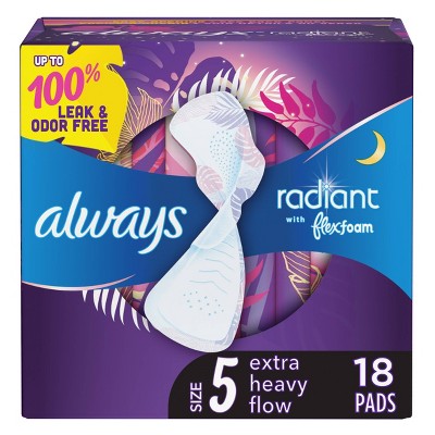 Image of Always Radiant Extra Heavy Absorbency Overnight Sanitary Pads with Wings -  Scented - Size 5 - 18ct