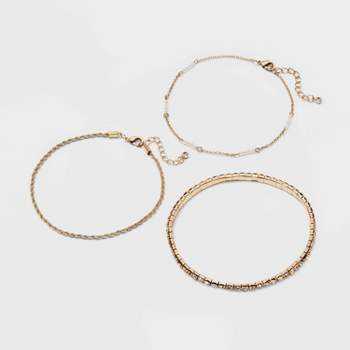 Pearl and Rhinestone Chain Anklet Set 3pc - A New Day™ Gold