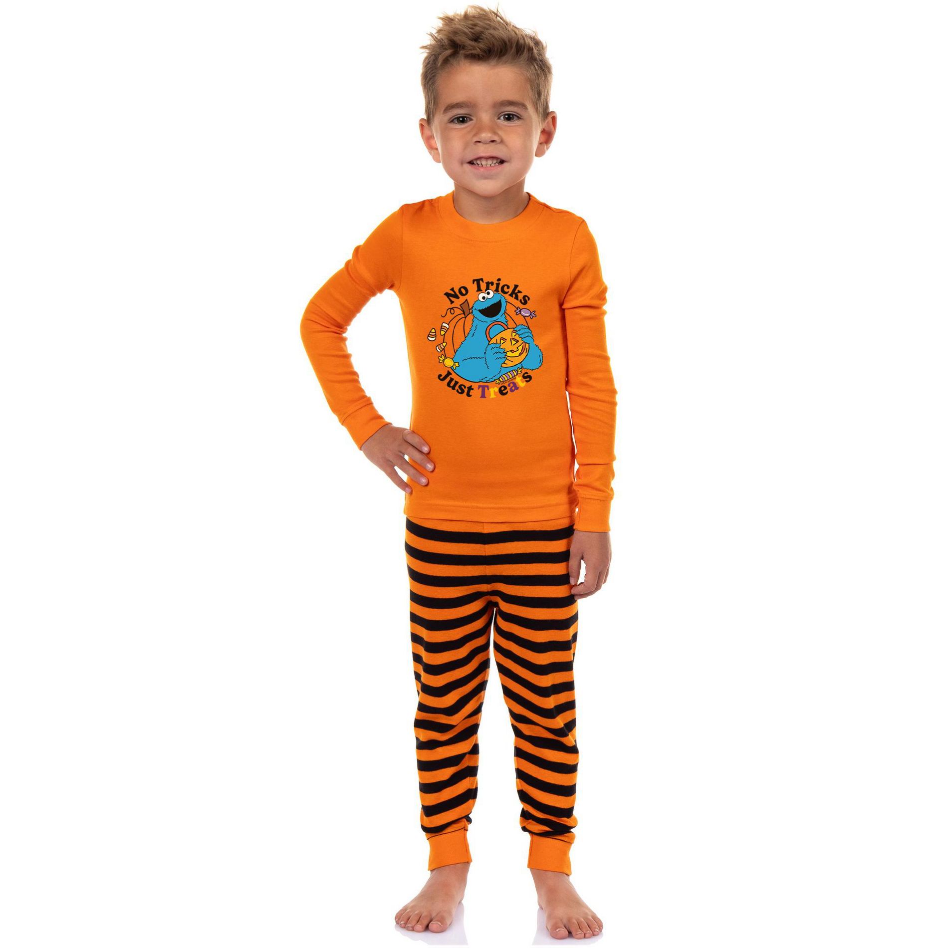 Sesame Street Toddler Boys' Halloween Cookie Monster No Tricks Pajama Set Orange