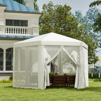 13 Ft Hexagon White Steel Frame Patio Gazebo with Mesh Walls