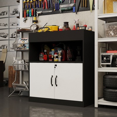 FUFU&GAGA Lockable Adjustable - shelf Black - and - White Garage Tool Cabinet