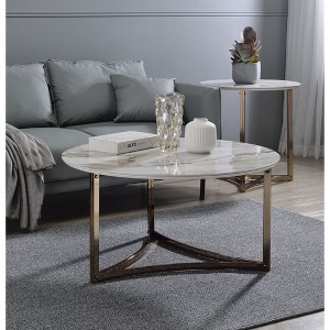 Aziz Sintered Stone Top Round Coffee Table with Curved Crossbar Metal Frame for Living Room - 1 of 4