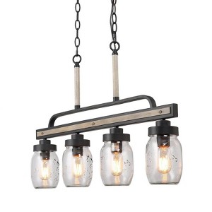 LNC Aries 4-Light 30" Farmhouse Linear Kitchen Island Pendant Lights, Matte Black and Light Gray Wood Grain with 3 Clear Mason Jar - 1 of 4