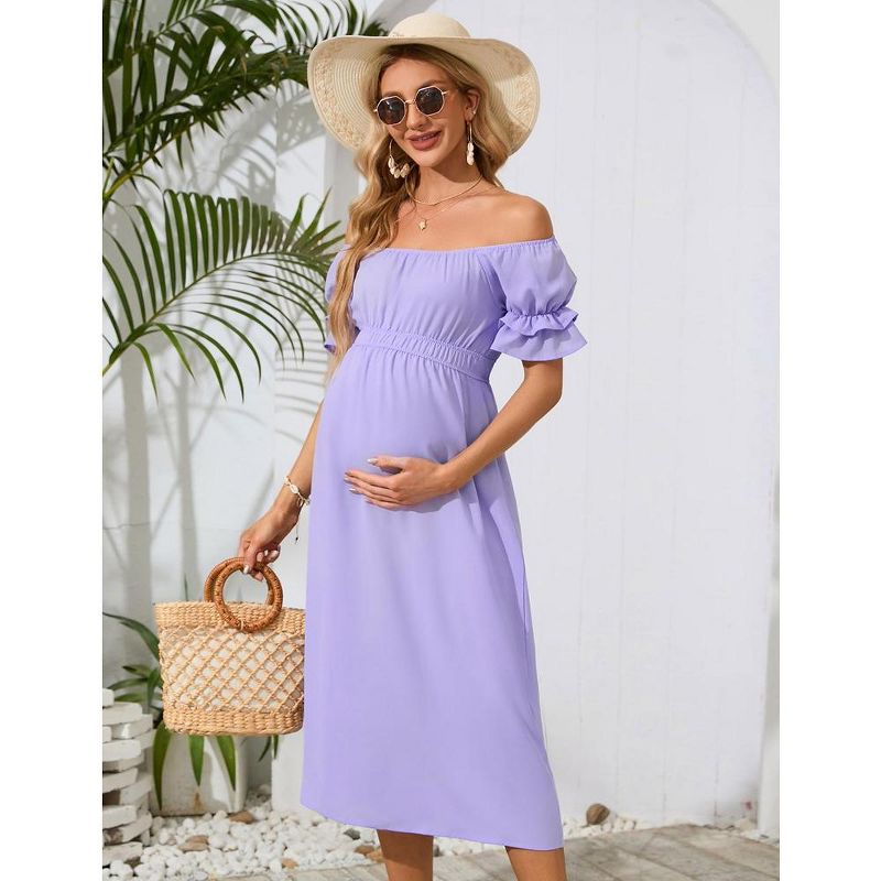 Whizmax Women's Maternity Off Shoulder Dress Ruffle Short Sleeve Summer Casual Flowy Midi Dress Baby Shower Photoshoot, 2 of 9