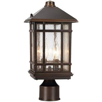 Kathy Ireland Sierra Craftsman Art Deco Outdoor Post Light Rubbed Bronze 14" Seedy Glass Panels for Exterior Barn Deck House Porch Yard Patio Home
