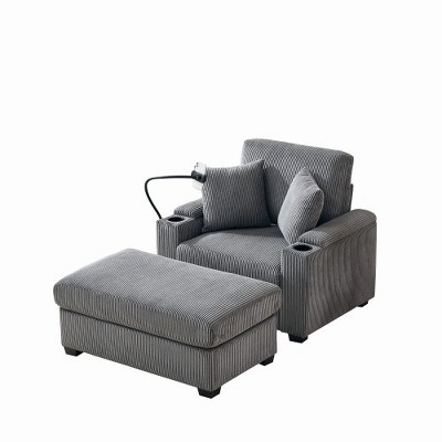 TIRAMISUBEST 55" Oversized Chaise Lounge Chair with Ottoman and Storage, with Cup Holder,Mobile Phone Stand&USB Charging Port, Gray