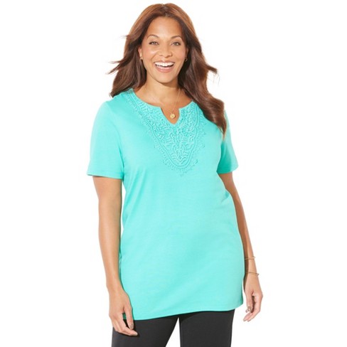 Catherines Women's Plus Size Easy Fit Embroidered Notch-neck Tee - 4x ...