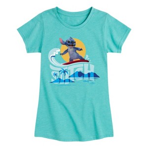 Girls' - Lilo And Stitch - Stitch Surfing Fitted Short Sleeve Graphic T-Shirt - 1 of 3