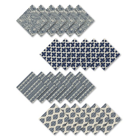 Everyday Casual Prints Assorted Cotton Fabric Napkins Set of 24 - Indigo  Blue - Elrene Home Fashions