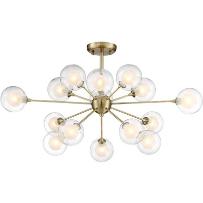 Possini Euro Design Modern Ceiling Light Semi Flush Mount Fixture Sputnik Brass 30 1/2" Wide 15-Light Double Glass Ball Hallway