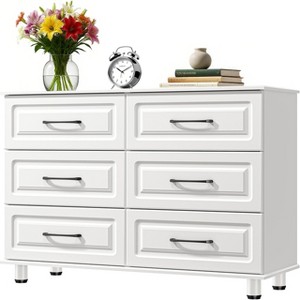 Sandinrayli White Dresser for Bedroom, 6 Drawer Dresser Wide Modern Nightstand Closet Wood Dressers with Steel Handles, White - 1 of 4