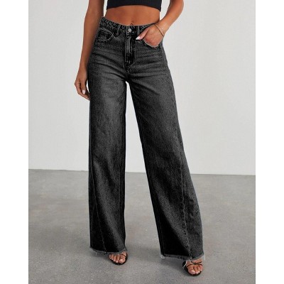 Mocamel Women's High Waist Wide Leg Denim Jeans with Frayed Hem Light Blue & Black