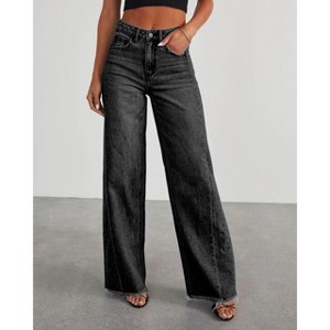 Mocamel Women's High Waist Wide Leg Denim Jeans with Frayed Hem Light Blue & Black - 1 of 4