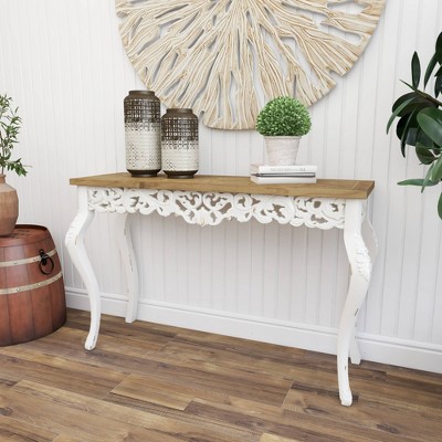 Elegant Farmhouse 46" White and Brown Wood Carved Console Table
