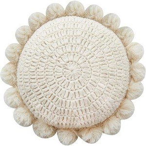 Boho Round Throw Pillow with Cute Handmade Pom Poms Tassels 18 Inch, Decorative Circular Knitted Crochet Cushion for Couch, Sofa, Chair, Bed, Beige - 1 of 4