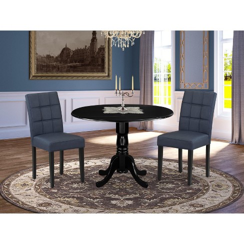 East West Furniture 3 Piece Dining Table Set consists A Wood Table and 2 Dark Navy Blue Faux Leather Parson Dining Chair with Stylish Back\ - image 1 of 4