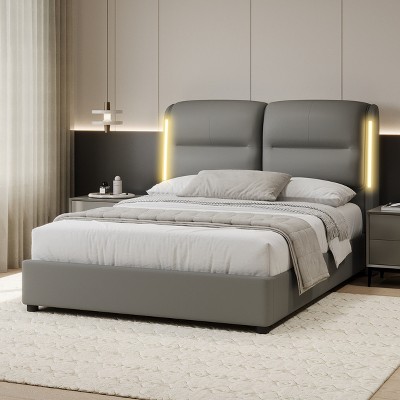 Queen Size Hydraulic Platform Bed with Lift Up Storage and Sensor LED Lights, PU Leather Upholstered Bed Frame - ModernLuxe