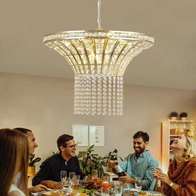 23.6 Inch Crystal Chandeliers, Adjustable Height Ceiling Lighting Fixture, Elegant Pendant Light with Cascading Beads for Bedroom Foyer (No Bulbs)