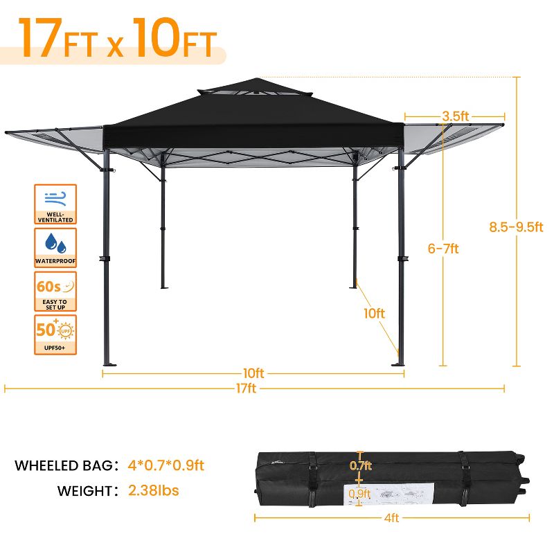 Topeakmart 10x17ft Pop-up Gazebo Canopy with Double Awnings, 3 of 8