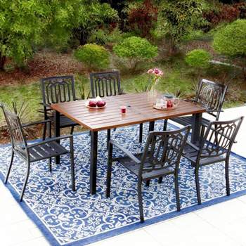 7pc Patio Dining Set with Rectangular Faux Wood Table with Umbrella Hole & Chairs - Captiva Designs