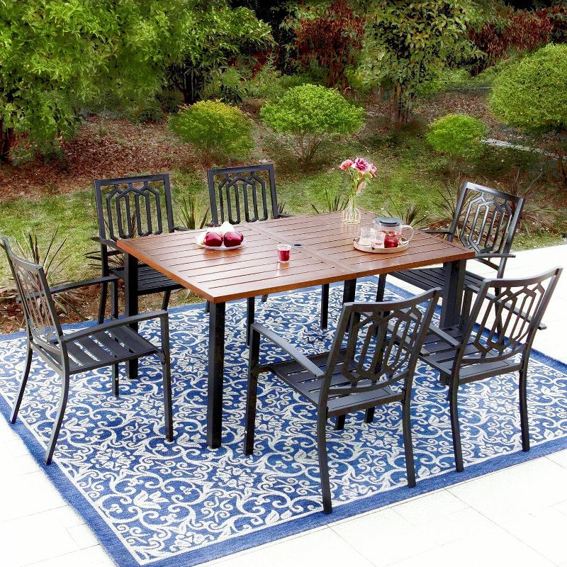 7pc Metal Patio Dining Set with Rectangular Faux Wood Table &#38; 6 Stackable Chairs - Captiva Designs, 1 of 12