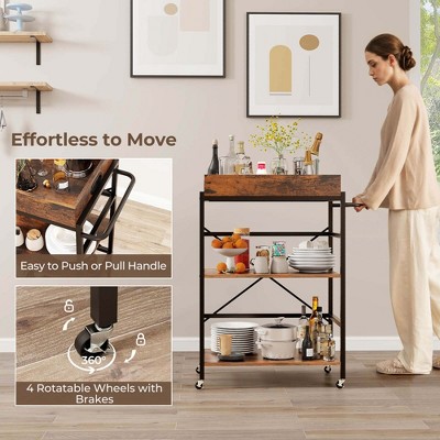 Rustic Brown and Black 3-Tier Bar Cart with Detachable Tray