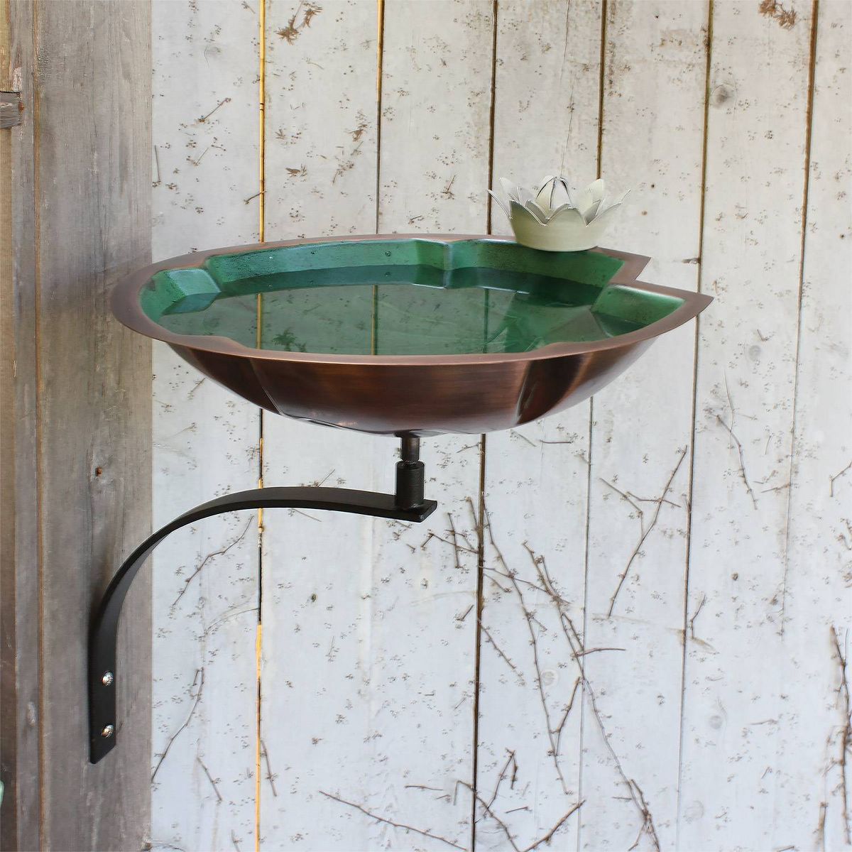 13.75" Lilypad Birdbath with White Flower and Wall Mount Bracket Copper Plated an Patina Finish - Achla Designs - thumbnail 2