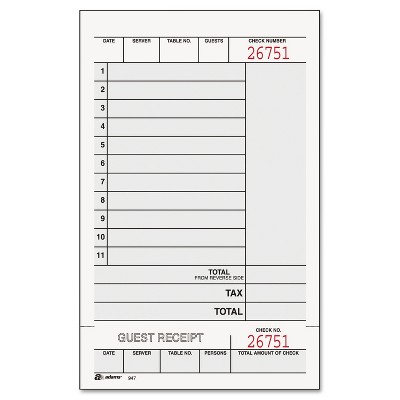 Adams Guest Check Unit Set Carbonless Duplicate 7 1/4 x 4 1/4 250/Pack 947SWC