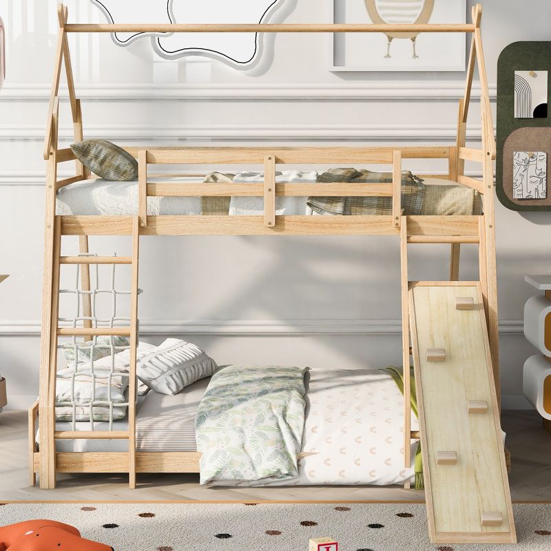 Twin over Queen House Bunk Bed with Ladder, Climbing Nets and Climbing Ramp-ModernLuxe, 2 of 12