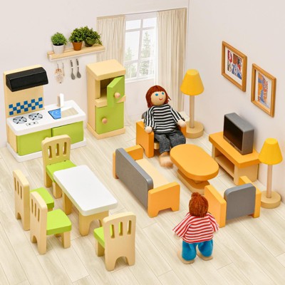 Etokfoks 36pcs Wooden Dollhouse Furniture Set Miniature Accessories for 5 Rooms Pretend Play with 4 Poseable Dolls for Kids Ages 3-8 — фото 2