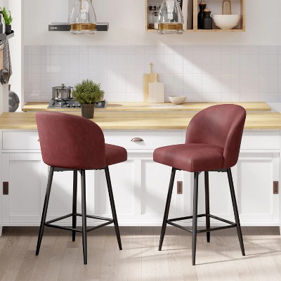 Red PU Leather Bar Height Bar Stool, Set of 2, 360° Swivel Upholstered Bar Stool