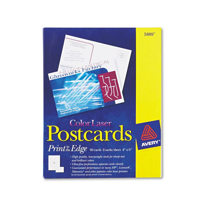 Avery Postcards Color Laser Printing 4 x 6 Uncoated White 2 Cards/Sheet 80/Box 5889, 1 of 9
