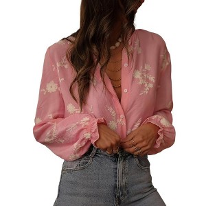 Coolmee Women's Loose V Neck Shirts Floral Print Lantern Sleeve Blouse Boho Shirts - 1 of 4