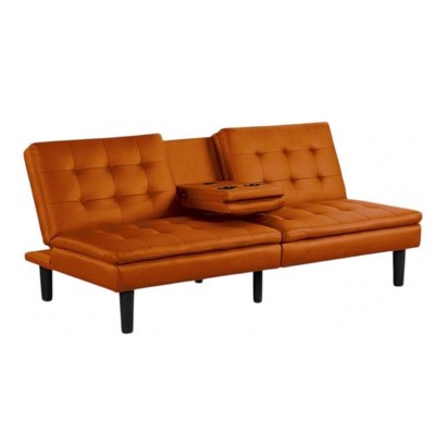 Royal Hampton Futon Sofa Bed, Drop-Down Tray, Cupholders, Orange Faux Leather