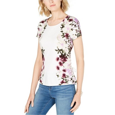I.N.C International Concepts Womens Lace-Up Floral Pullover Blouse, White, Medium