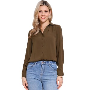 INSPIRE CHIC Women's Button Down Collared V Neck Long Sleeve Casual Blouse - 1 of 4
